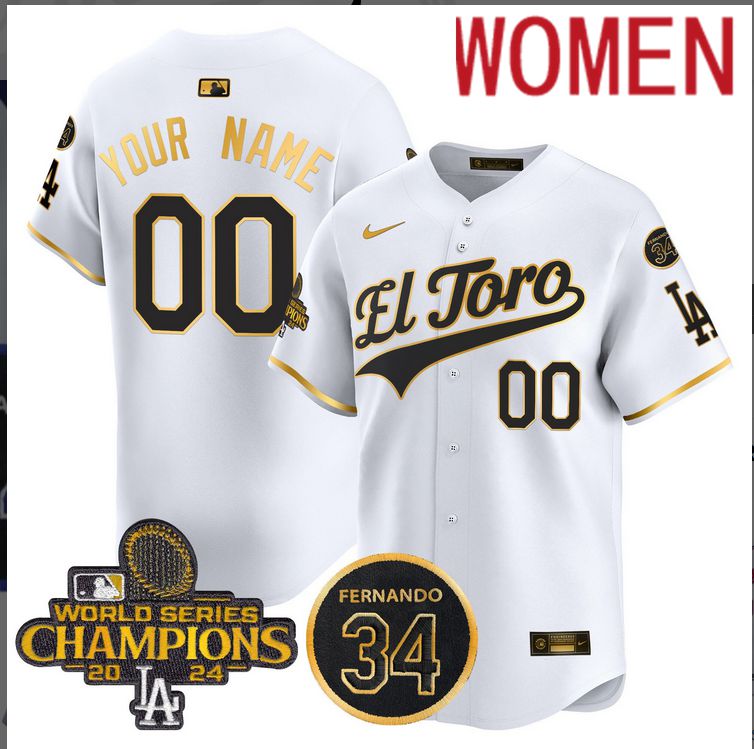 Women MLB Los Angeles Dodgers Custom white 2024 World Series Champions Patch Cooperstown Jersey style 3